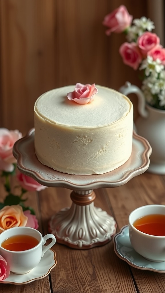 A delicate No Hana Mizuki cake with floral decoration on a vintage cake stand, surrounded by flowers and tea.